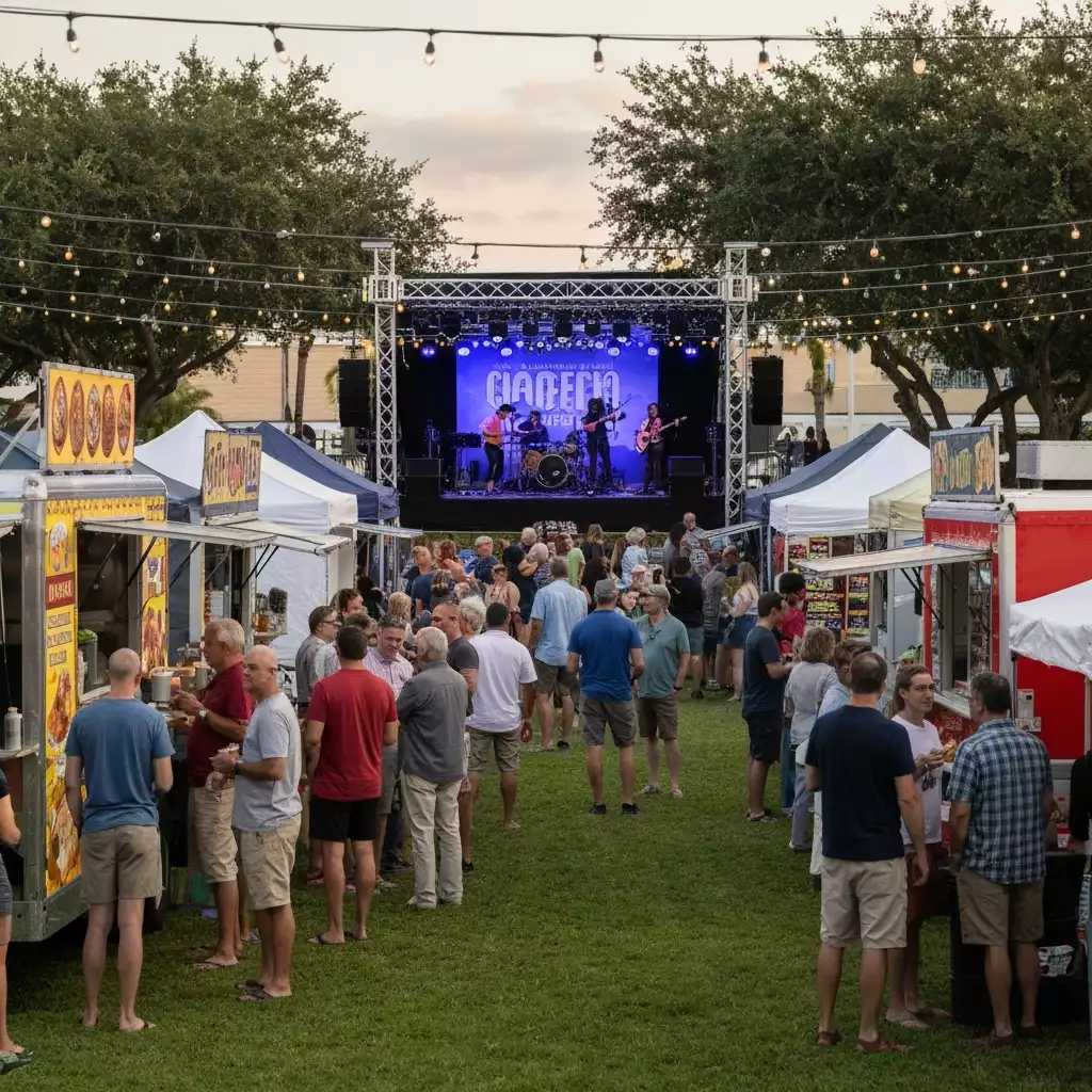 Aerial view of a vibrant outdoor food festival in Fort Myers with various food stalls, people enjoying food, and live music stage