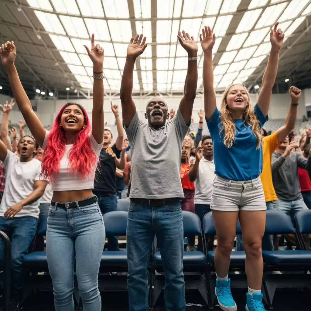 Diverse group of basketball fans cheering in an arena, showing community engagement, dynamic and joyful atmosphere