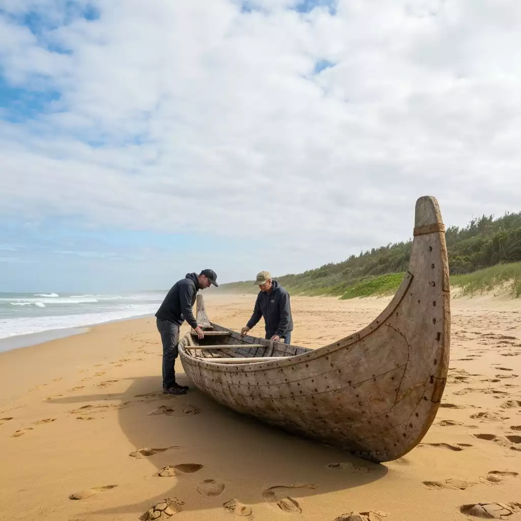 Ancient wooden canoe unearthed on a sandy beach after a storm, with archeologists examining it