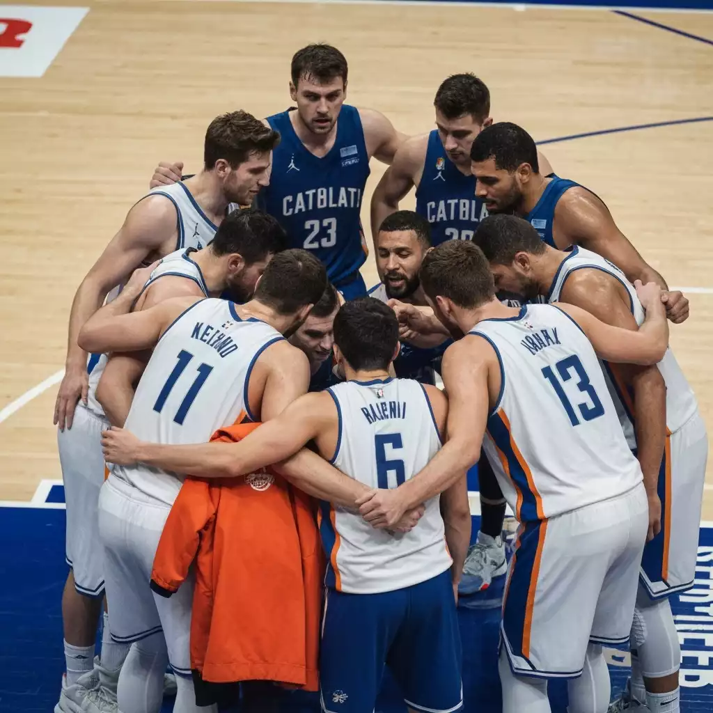 Basketball team in a huddle on the court, demonstrating teamwork