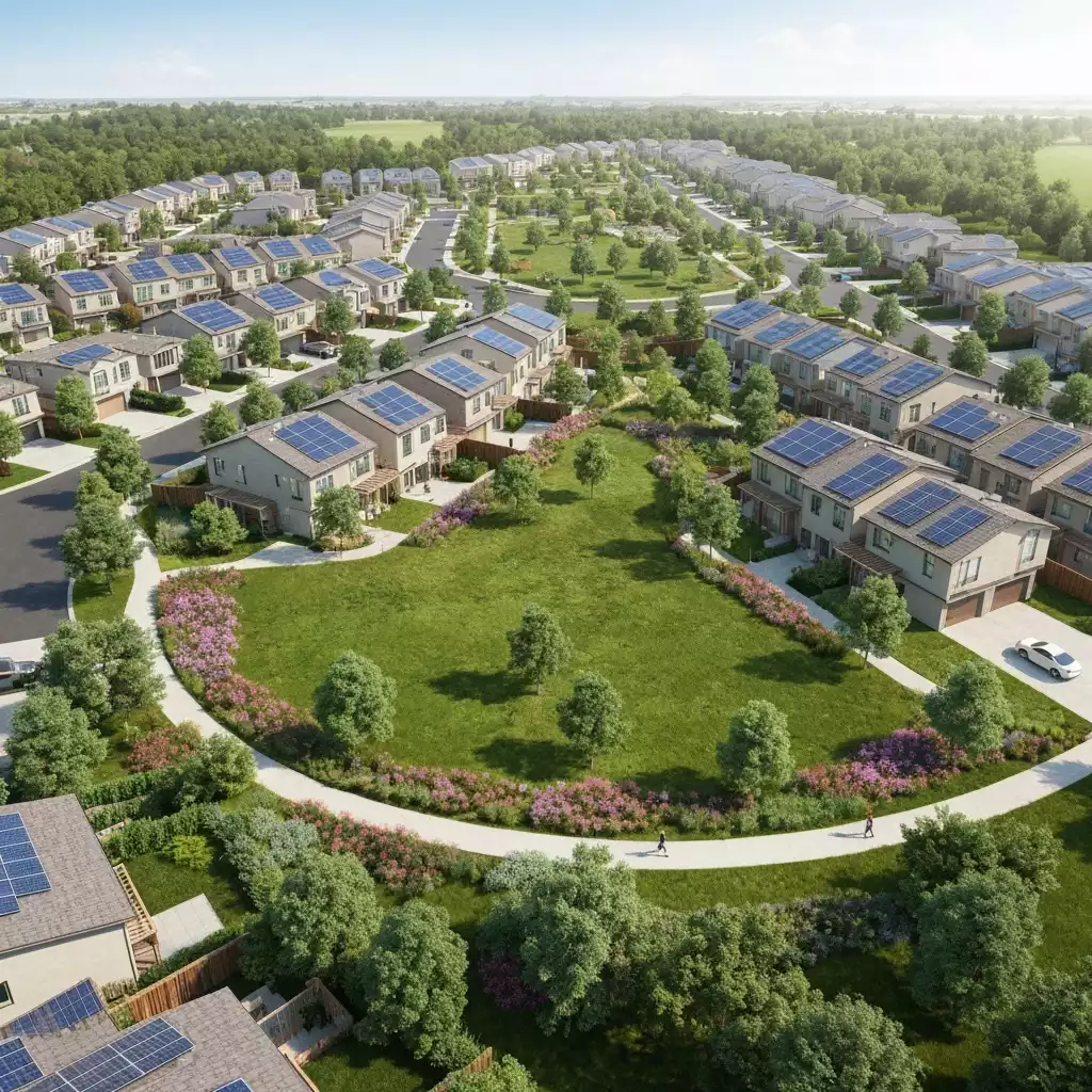 Aerial view of a sustainable planned community with green spaces, solar panels on homes, and walking paths, no text, no words, no typography, clean image