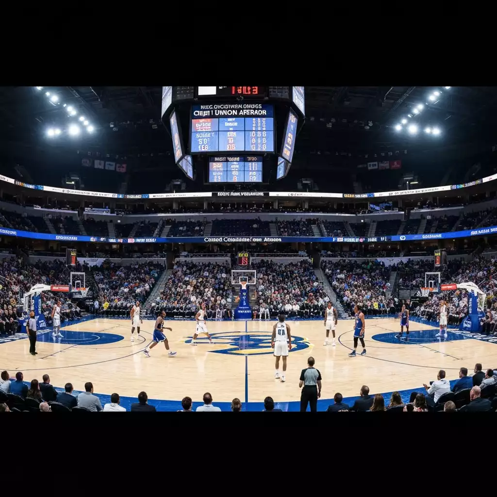 Panoramic view of a bustling basketball game in Suncoast Credit Union Arena, with bright lights and a large crowd
