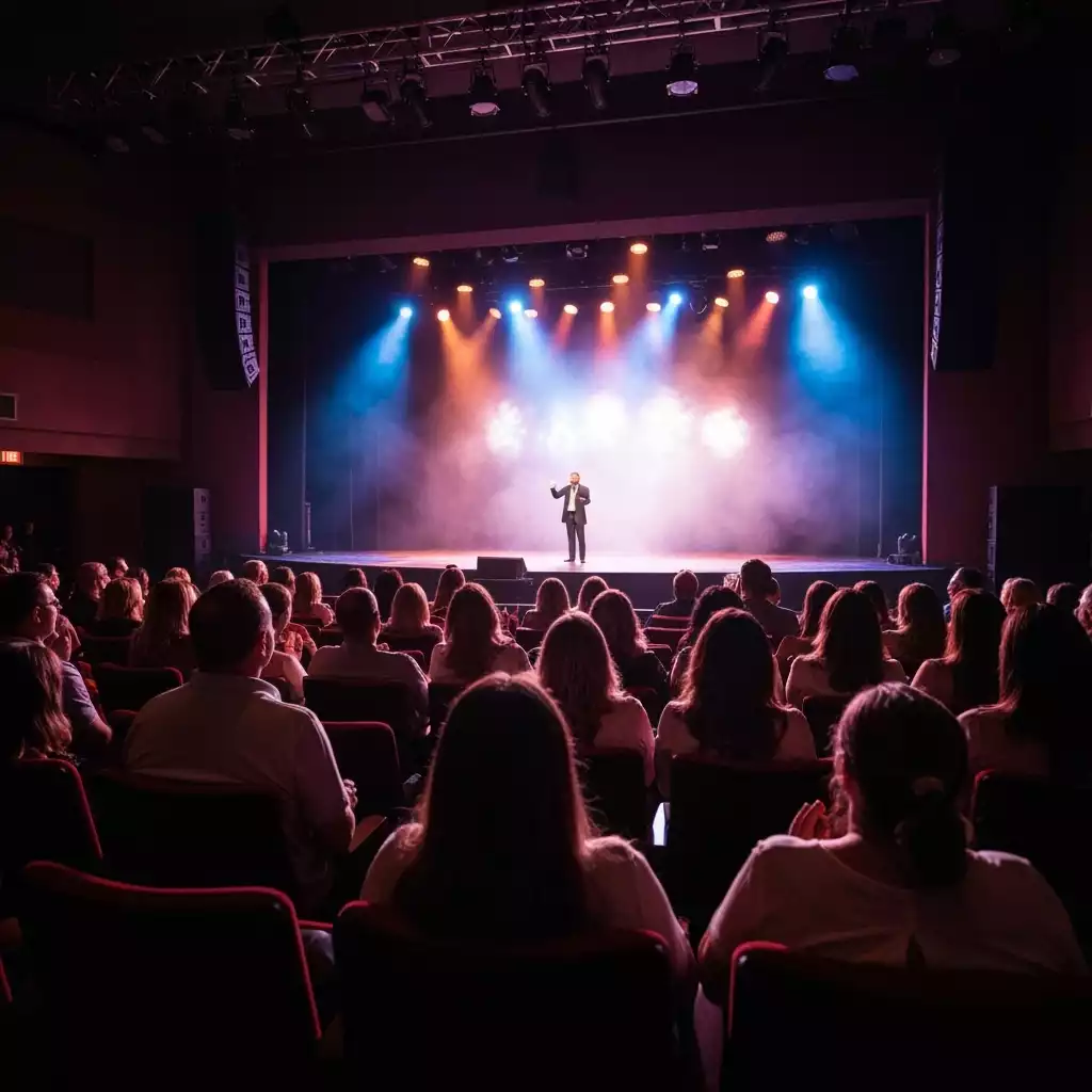 Audience enjoying a live performance in a Fort Myers theater, with vibrant stage lighting, no text, no words, no typography, clean image