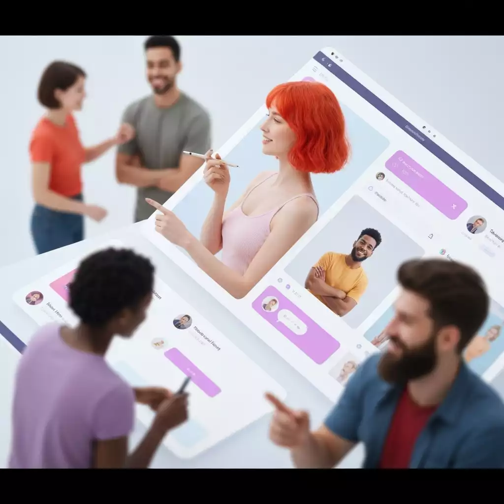 People interacting on a digital platform, diverse group, clean interface, no text, no words, no typography, 8K, natural lighting