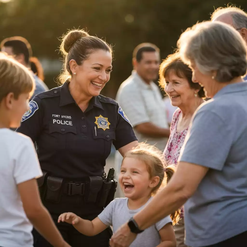 Fort Myers Police Aide interacting positively with community members at a local event, smiling faces, warm lighting, no text, no words, no typography, 8K