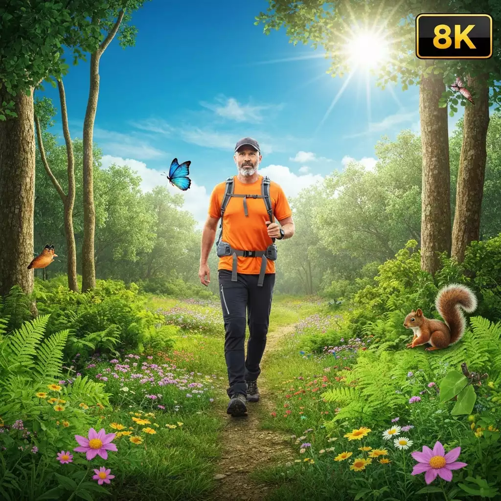 Person hiking on a scenic trail in Fort Myers, surrounded by lush greenery and natural wildlife, sun shining