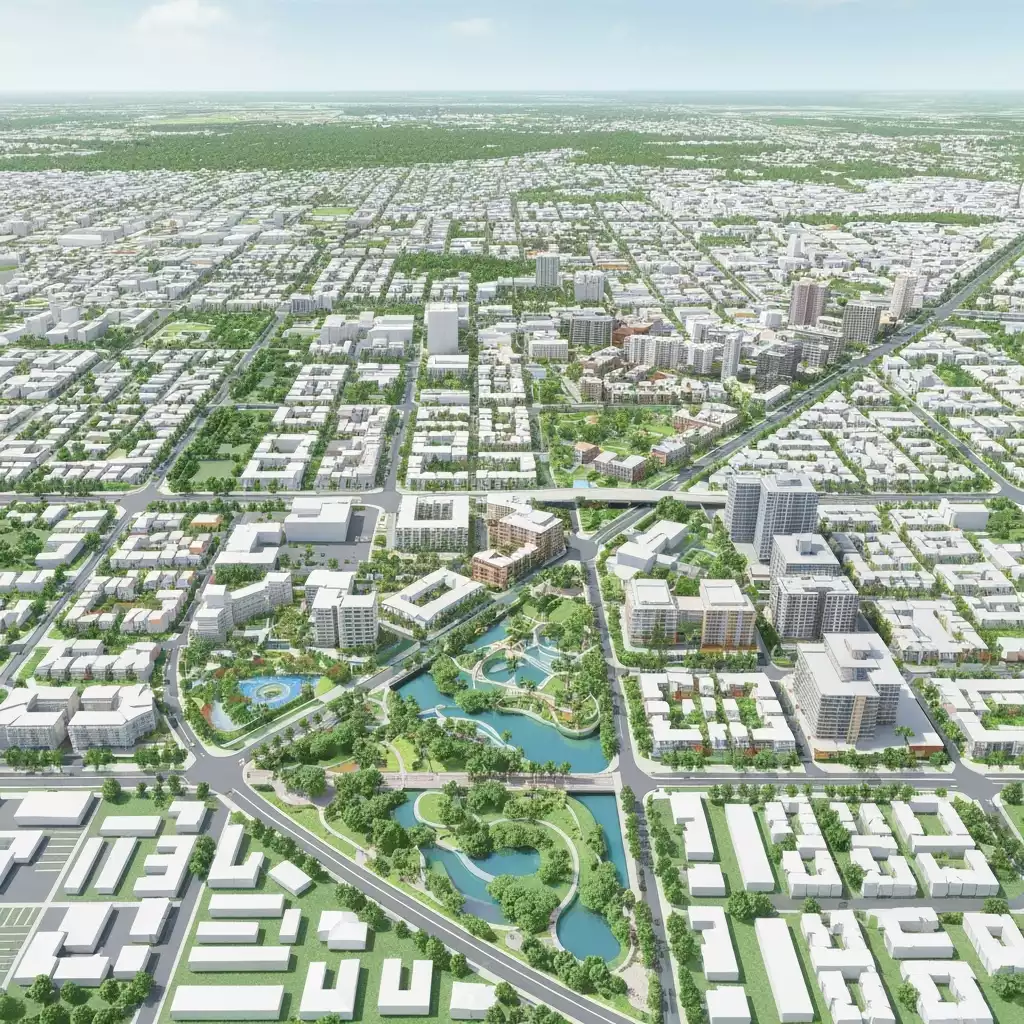 Modern urban planning model of downtown Fort Myers, showing green spaces and new developments, no text, no words, no typography, 8K