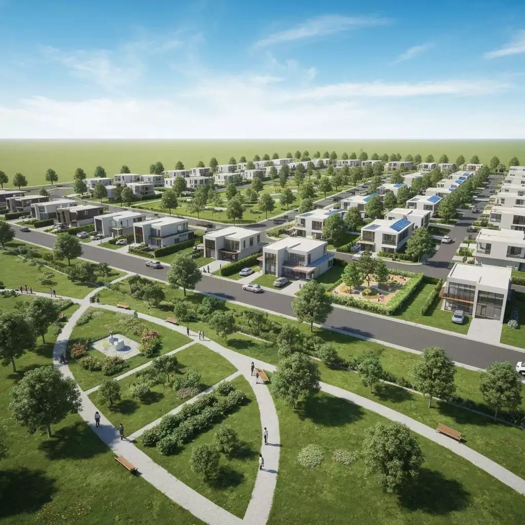 Architectural rendering of a master-planned community with modern homes, green spaces, and community amenities, bright sunny day, illustrating sustainable development, no text, no words, no typography, no labels, clean image