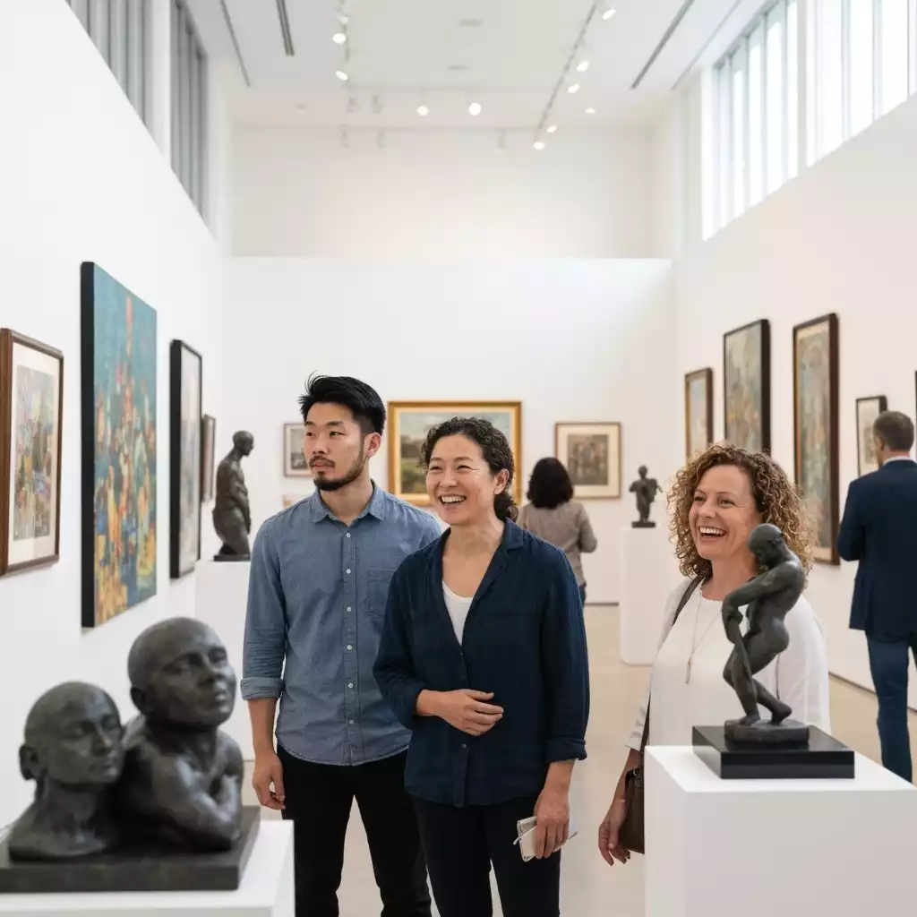 People viewing art in a bright, modern gallery setting with natural light