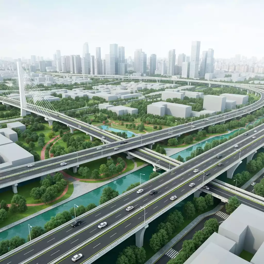 Modern city infrastructure with roads, bridges, and green spaces, symbolizing connectivity and economic growth