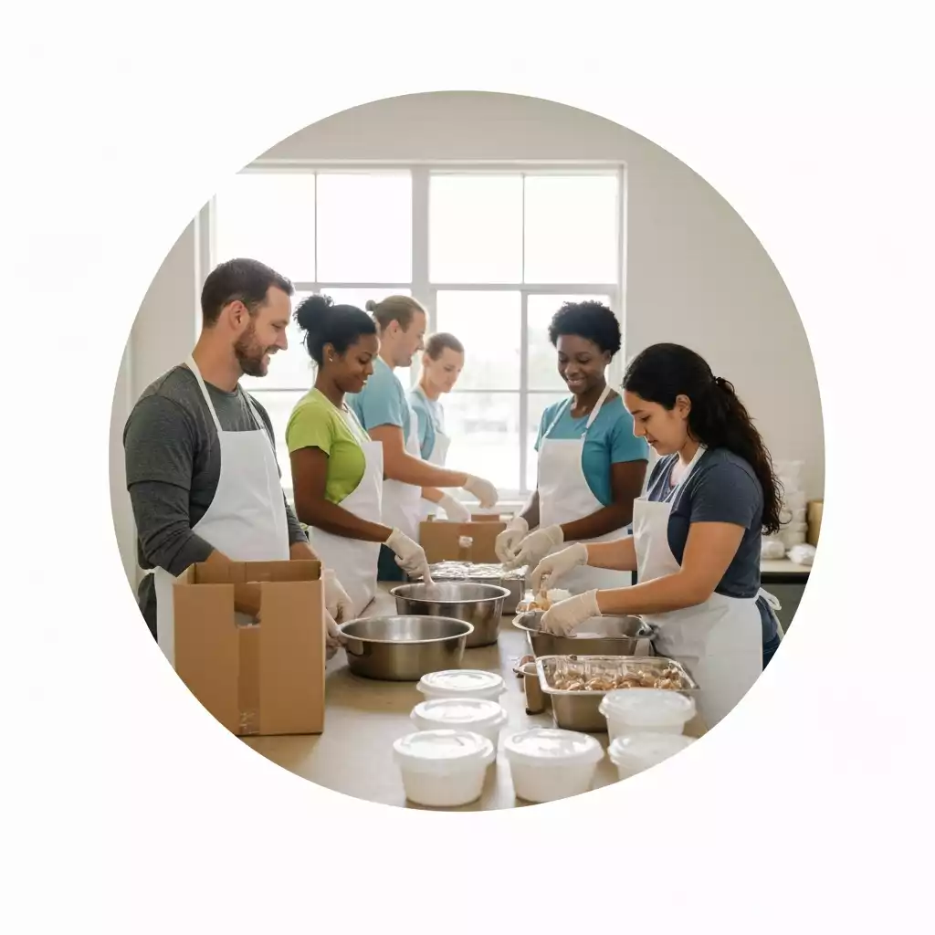 Community members volunteering at a local Fort Myers shelter, sorting donations and serving food, with a focus on teamwork and compassion, no text, no words, no typography, 8K