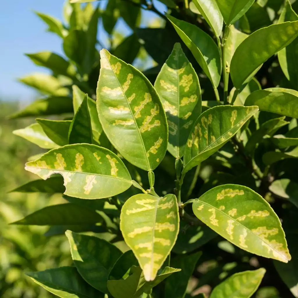 Close-up of citrus leaves affected by greening disease on a farm