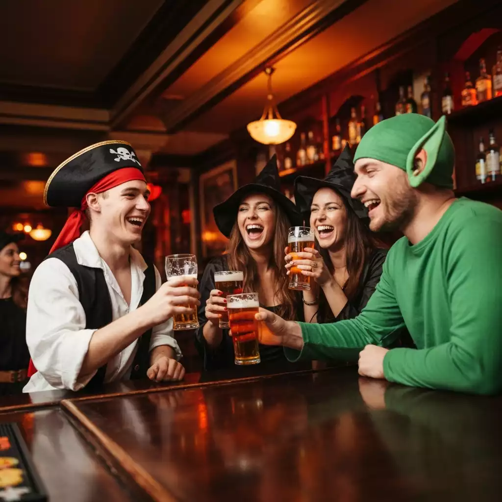 Group of friends in Halloween costumes enjoying a pub crawl, laughing and holding drinks in a festive, dimly lit bar