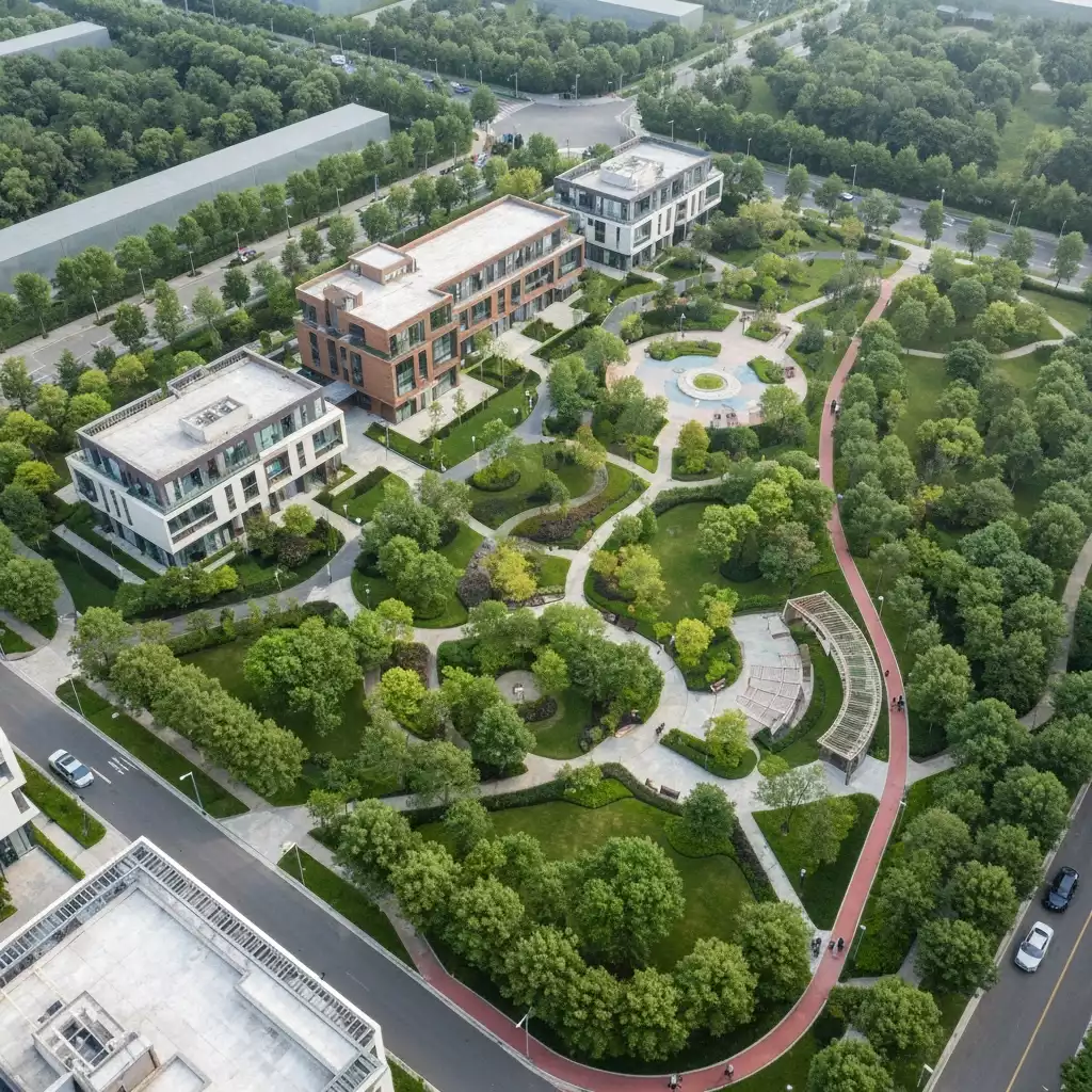 Modern residential community planned with green spaces, walking paths, and community buildings, viewed from an aerial perspective
