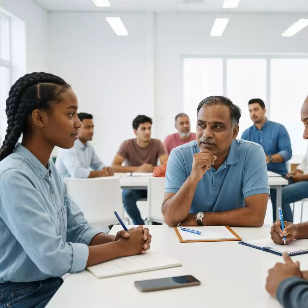 Diverse community members attending a town hall meeting, representing engagement and ongoing dialogue, no text, no words, no typography, clean image