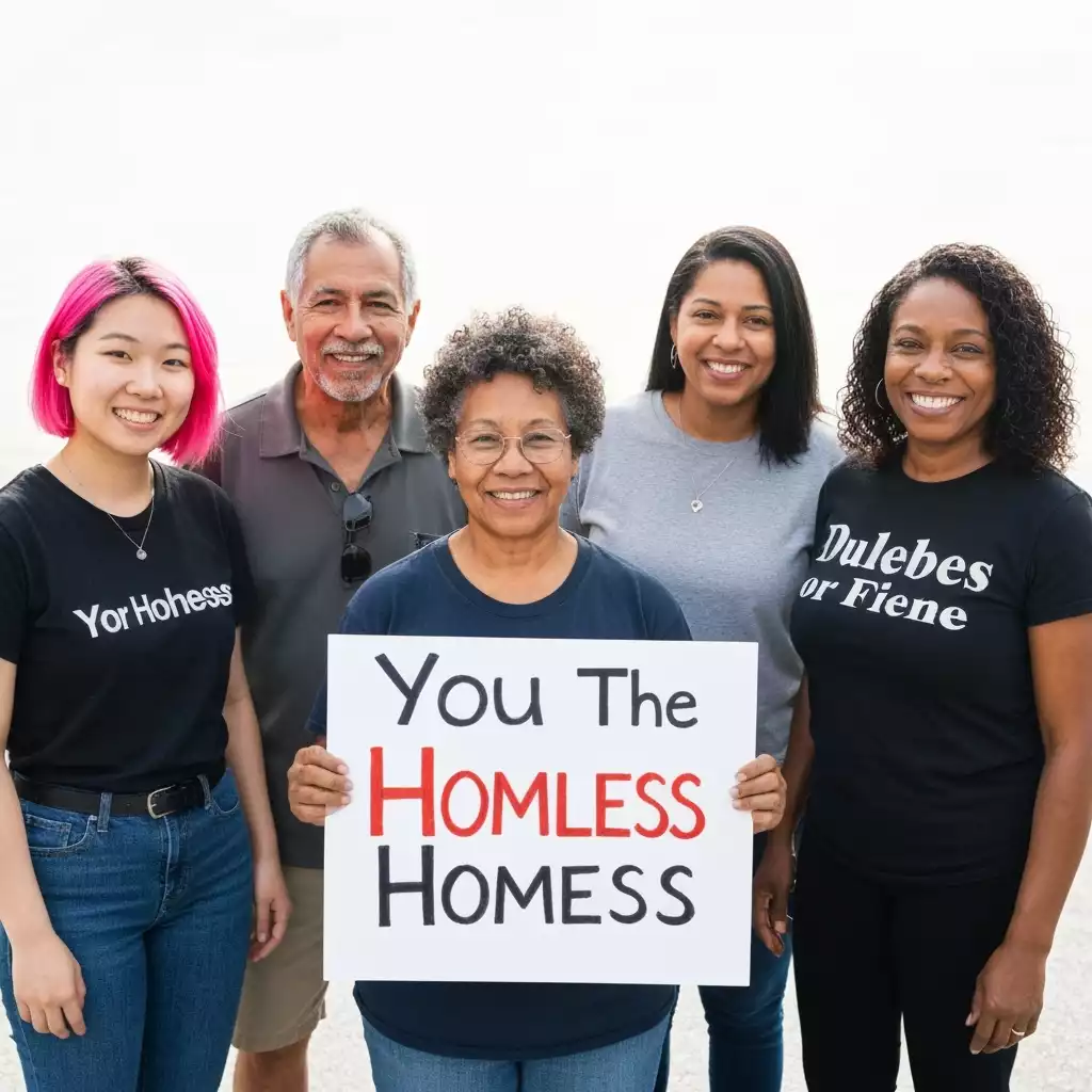 Diverse group of people in Fort Myers supporting each other, symbolizing community support for the homeless, no text, no words, no typography, clean image