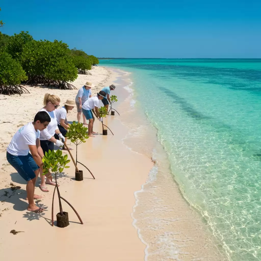 Community volunteers planting mangroves on a coastline during a conservation effort