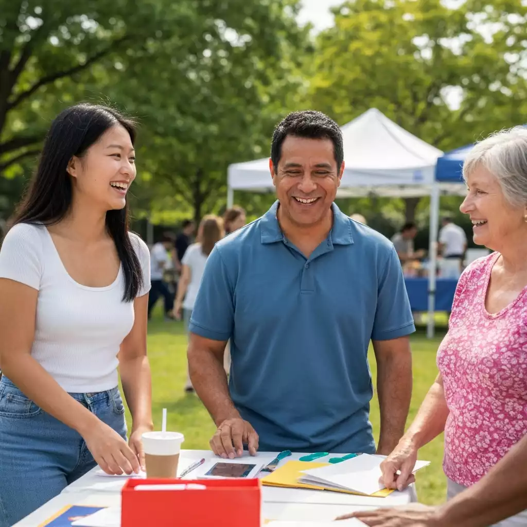 Diverse group of people participating in a community event in a park, smiling and interacting, representing demographic shifts, sunny day, no text, no words, no typography, clean image