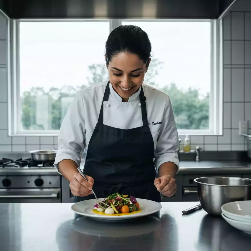 Chef preparing a modern dish with local ingredients in a professional kitchen