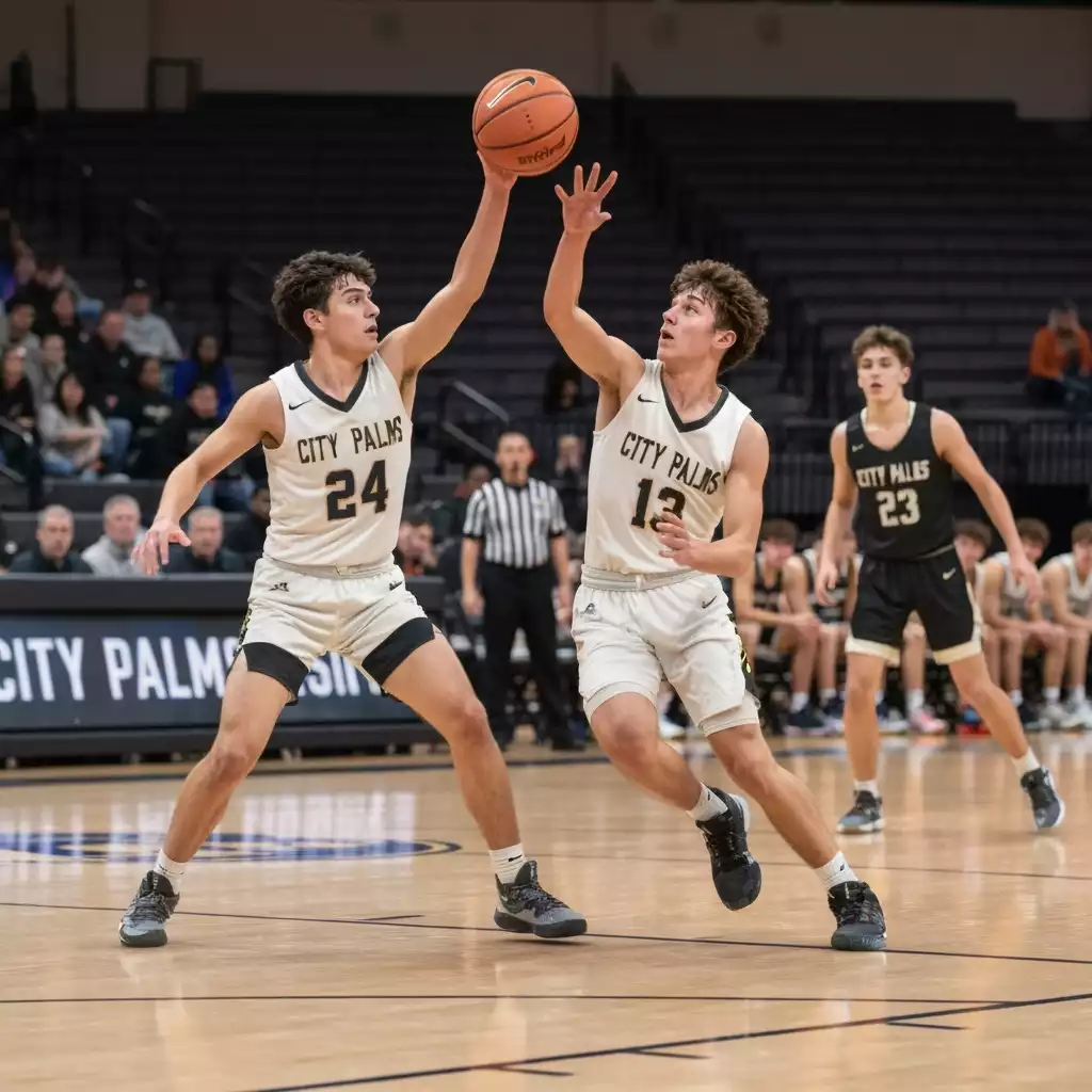 High school basketball players during a game at the City of Palms Classic, focused action shot with blurred background, vibrant colors