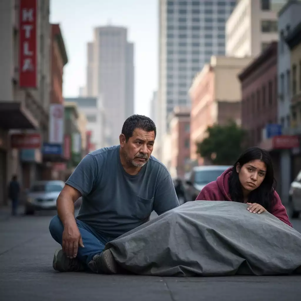 Homeless individuals seeking shelter in an urban environment, with blurred city background