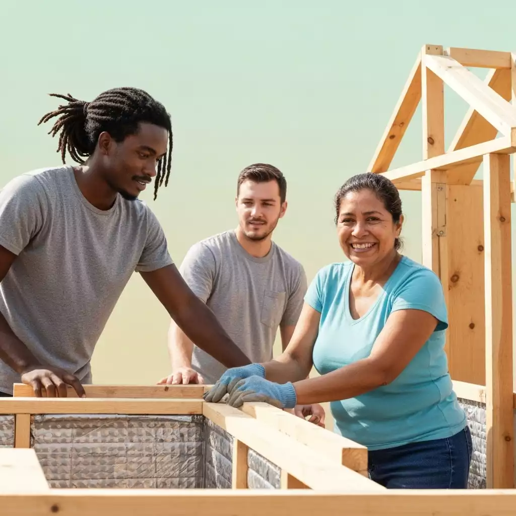 Fort Myers community members collaborating on a local housing project, symbolizing sustainable housing solutions, no text, no words, no typography, clean image