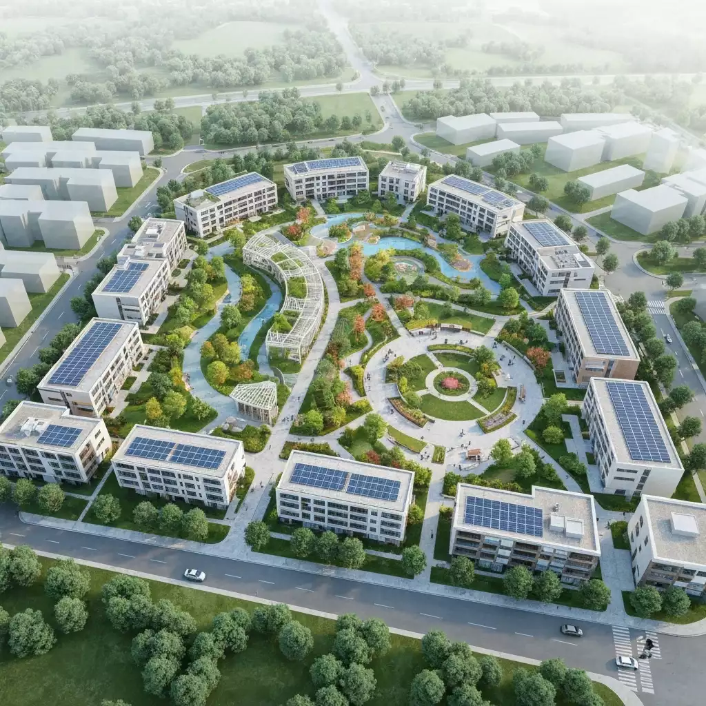 Modern, sustainable community development with green spaces and solar panels, viewed from above, no text, no words, no typography, 8K