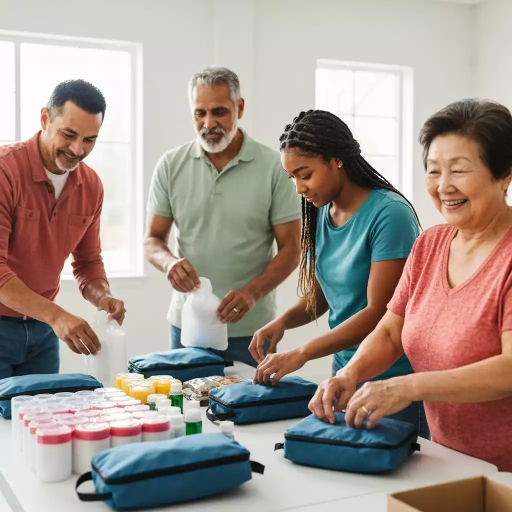 Diverse group of community members preparing emergency kits together, clean image