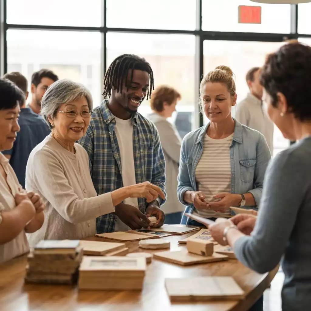 Image of diverse community members shopping at a local business, showing support and engagement