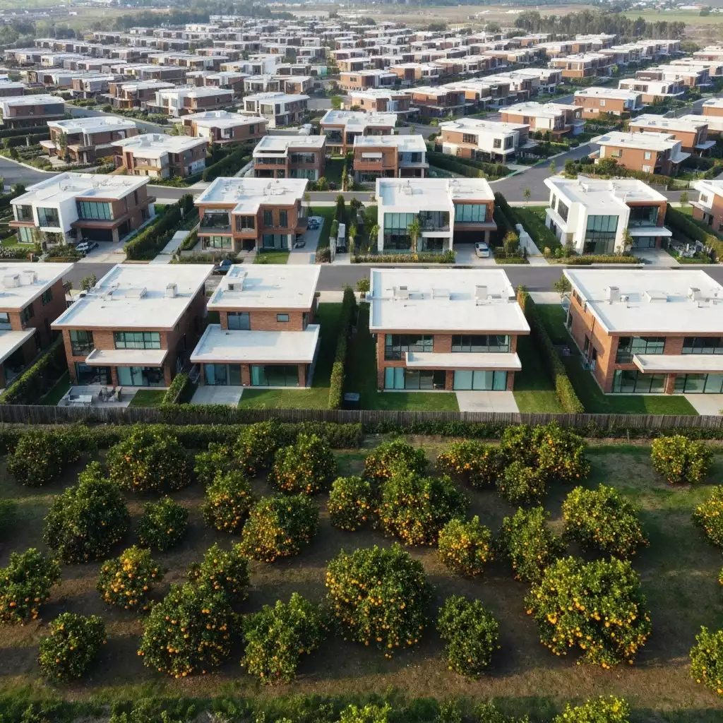 Aerial view of a sprawling residential development with modern homes and green spaces, contrasting with a small adjacent citrus grove