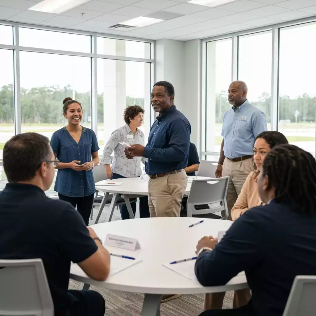 Diverse community members discussing homelessness solutions in a meeting