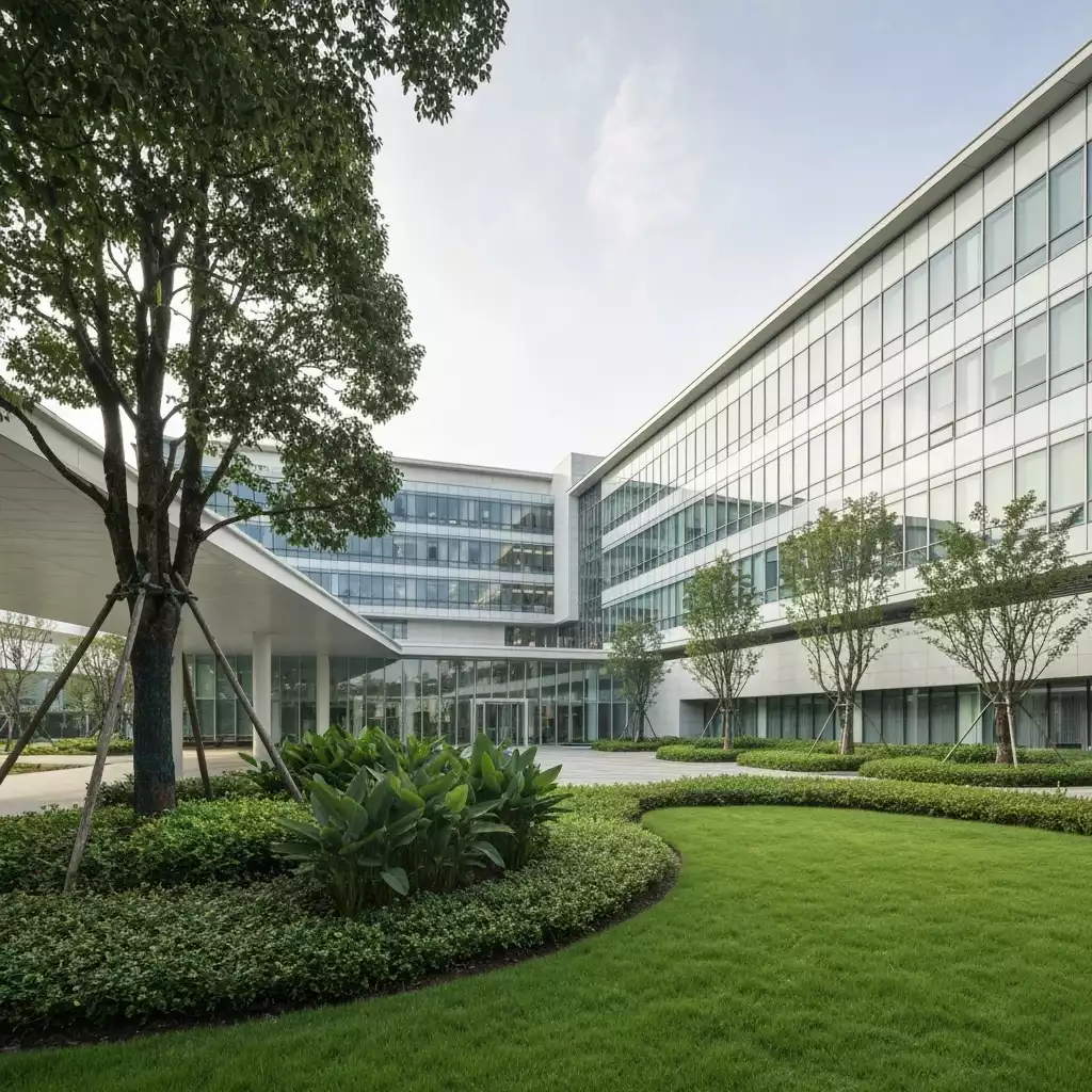 Modern hospital building exterior with lush landscaping, bright and clean, no text, no words, no typography, 8K