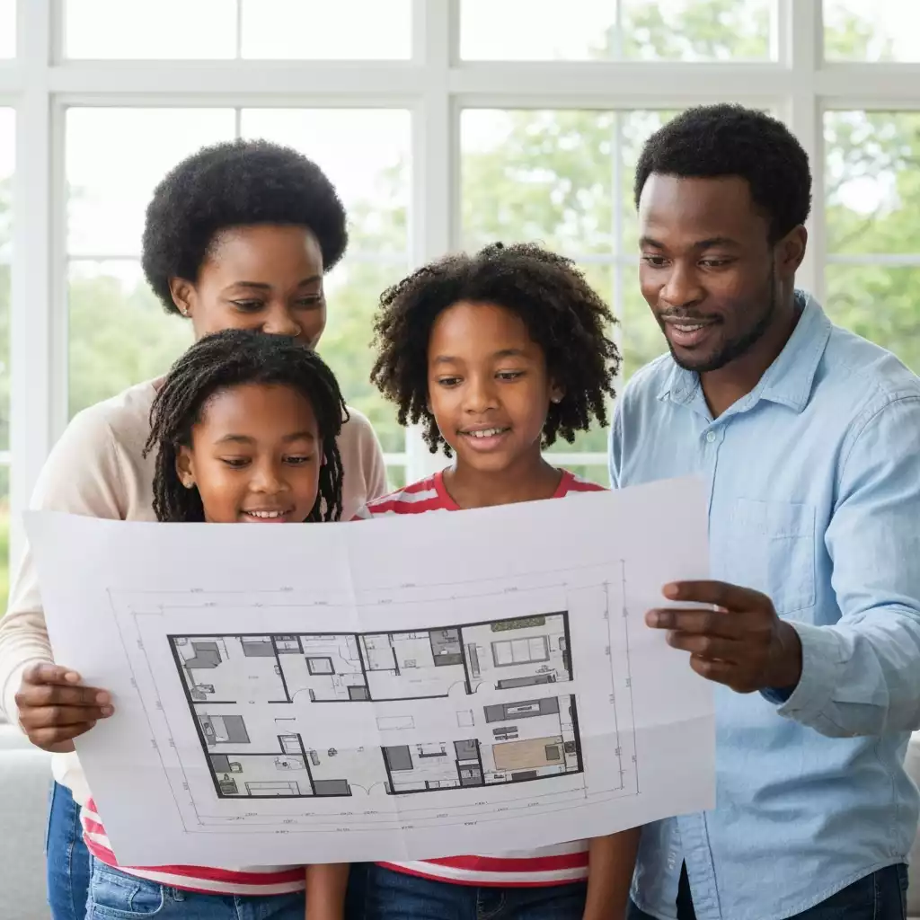 A family looking at a blueprint of a new home, representing real estate investment and development, no text, no words, no typography, 8K