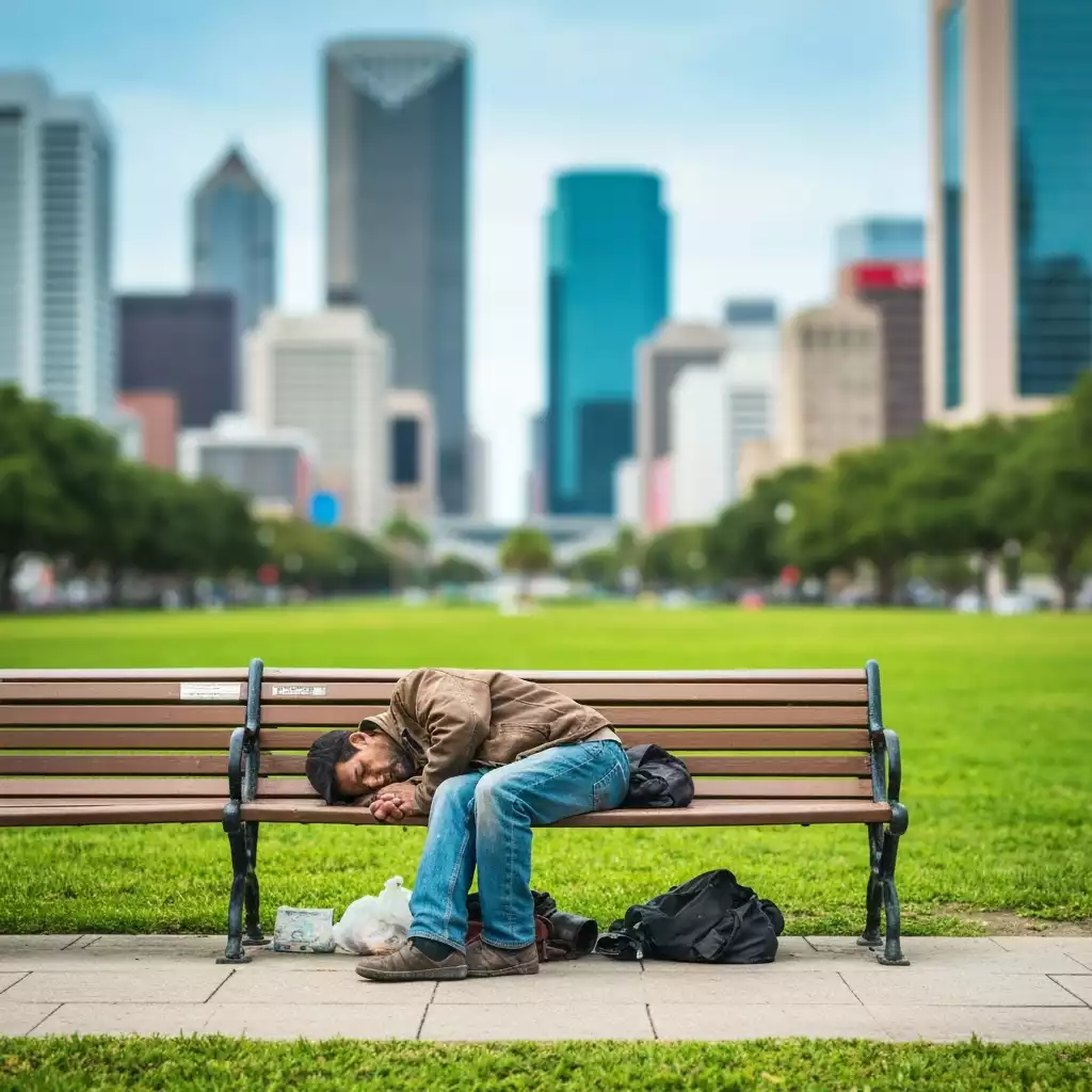 Homeless individual sleeping on a bench in a city park, with a blurred background of city life, depicting the impact of the Florida Public Sleeping Ban, no text, no words, no typography, clean image