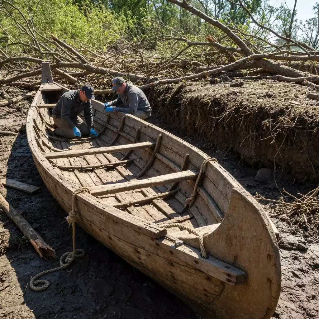 Archaeologists examining an ancient wooden canoe unearthed from storm debris