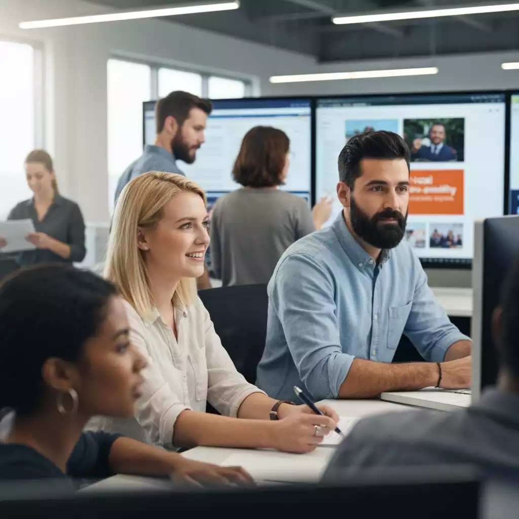 People in a modern newsroom discussing local news, with screens displaying community events