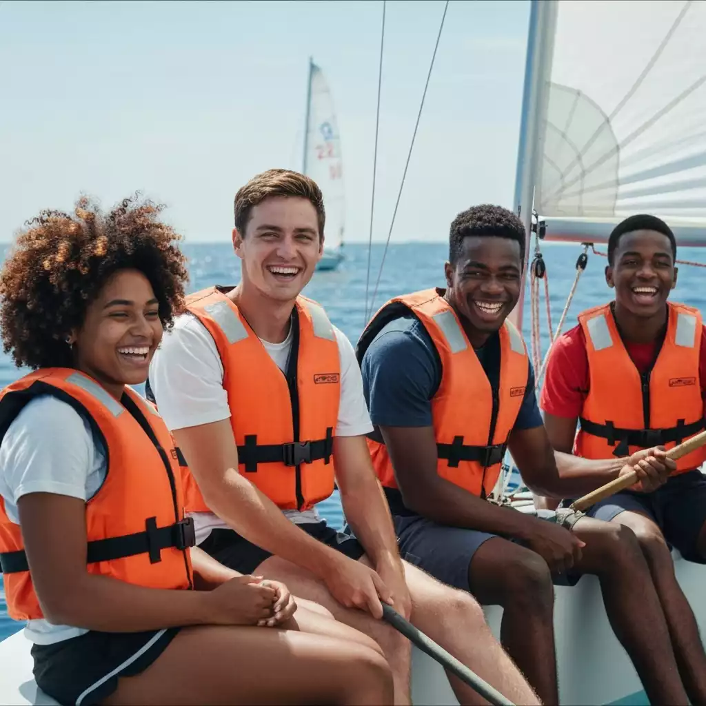 Group of diverse young sailors in life vests on a sailboat, laughing and learning, bright sunny day, no text, no words, no typography, clean image
