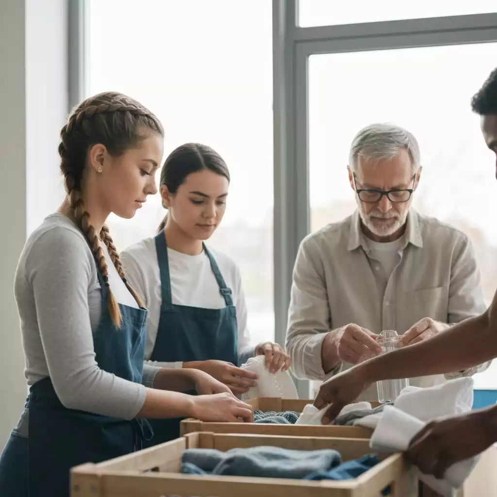 Community volunteers sorting donations for a homeless shelter