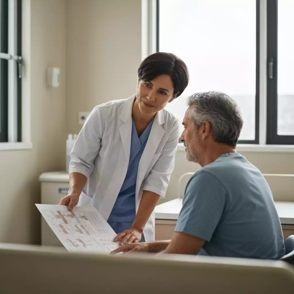 Doctor and patient discussing treatment options in a modern hospital setting