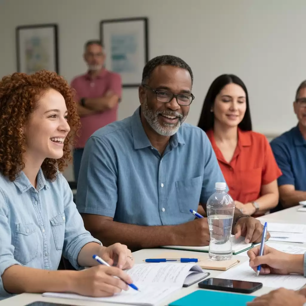 Diverse group of Fort Myers residents actively participating in a community planning meeting, discussing urban development plans, no text, no words, no typography, 8K, natural lighting