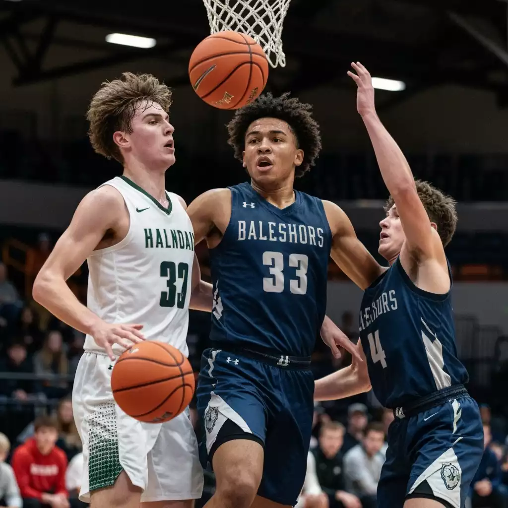 Basketball players competing in a high school tournament, dynamic action shot