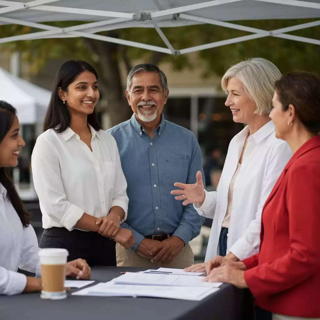 Diverse group of business owners networking at a local community event, symbolizing engagement and collaboration