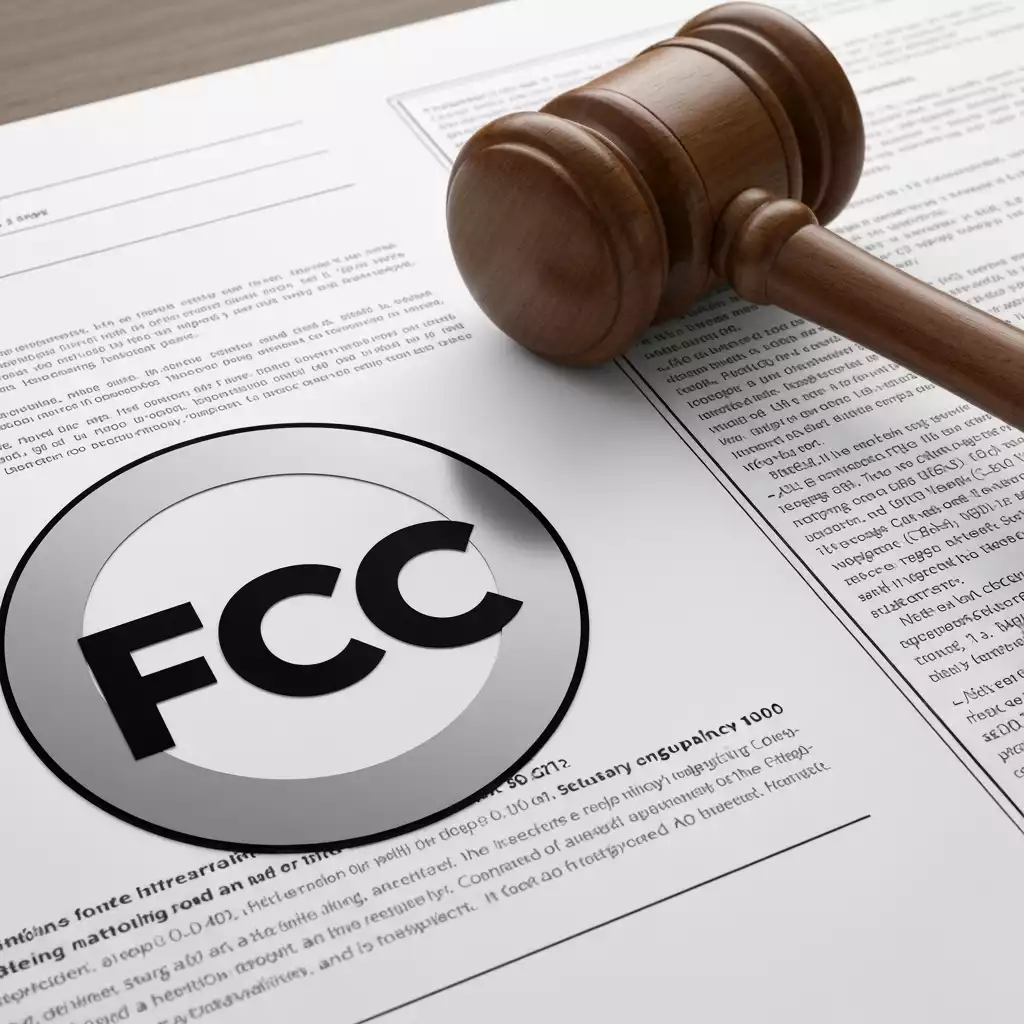 FCC logo on a document with regulatory texts and a gavel, symbolizing compliance