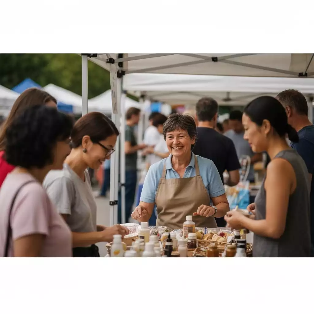 Small business owner engaging with customers at a local market, showing community involvement