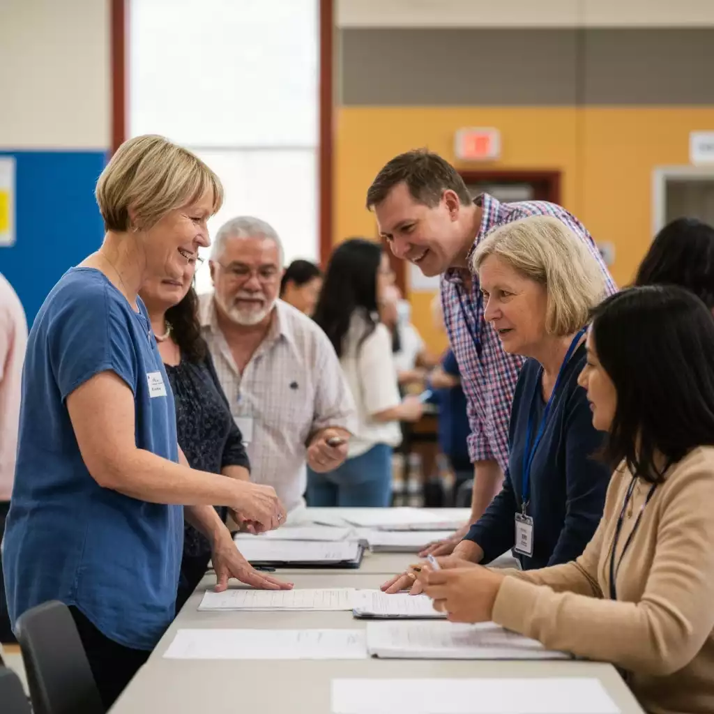 Parents and teachers collaborating at a school event, showing positive interaction and community support for education, no text, no words, no typography, 8K