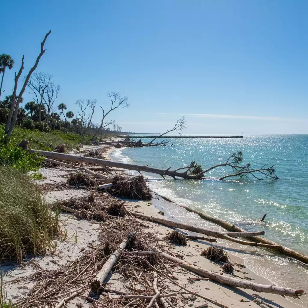 Coastal ecosystem showing effects of storm damage, fallen trees, and debris, with a focus on resilience and recovery efforts