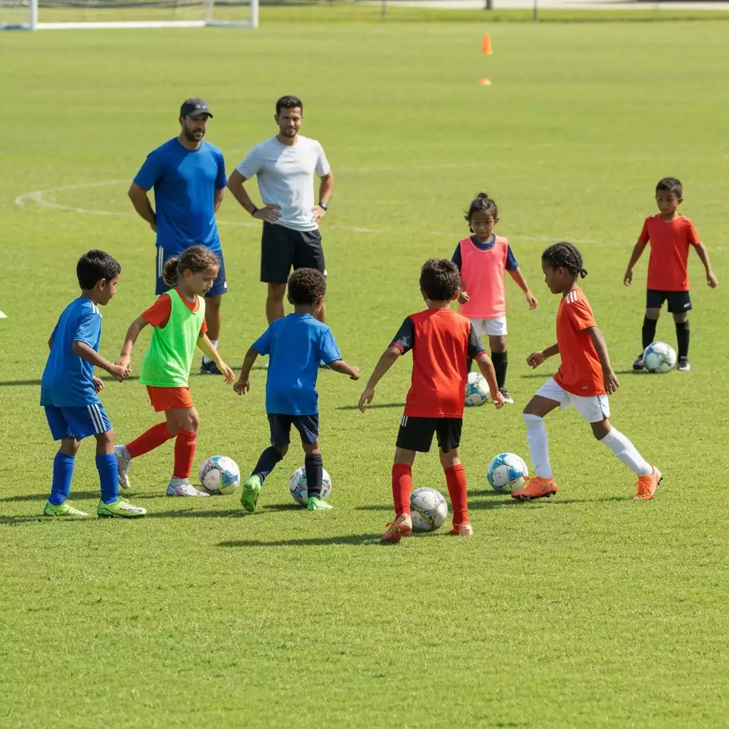Children practicing soccer on a green field in Fort Myers
