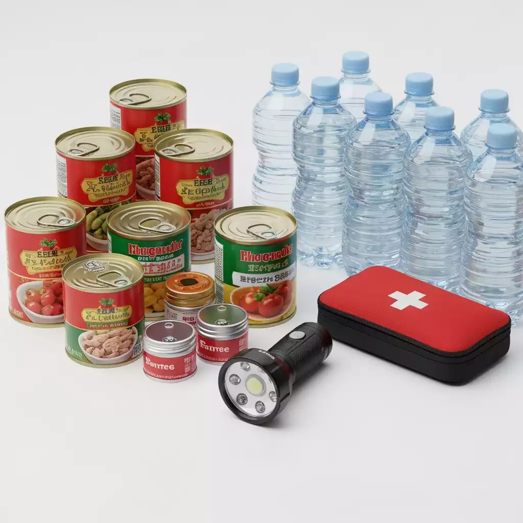 Emergency preparedness kit with non-perishable food, water, first aid, and flashlight, no text, no words, no typography, 8K, clean image