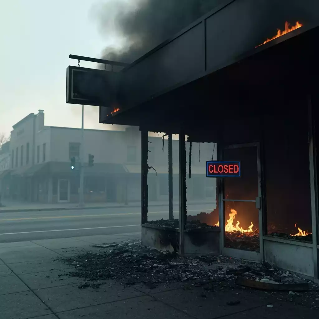 Image of a burnt-out business storefront with a 'Closed' sign, symbolizing job losses and economic impact