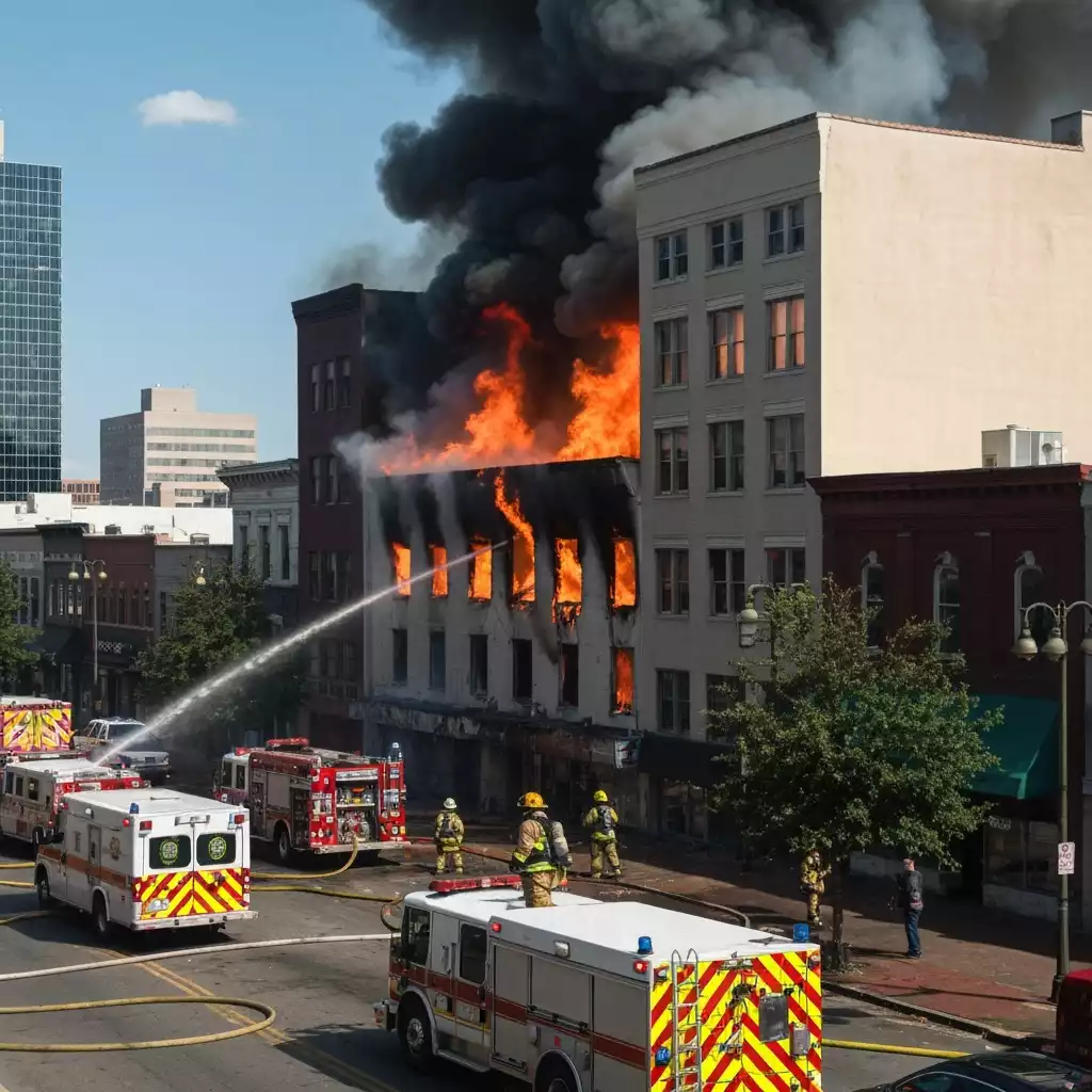 Firefighters battling a blaze in a multi-story building in a downtown area